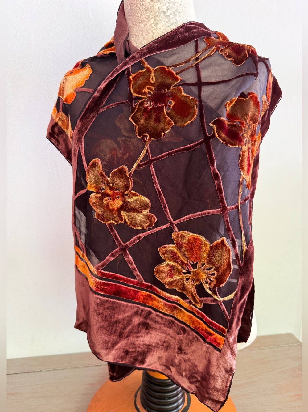 Burnout Velvet Vintage Scarf Orange Brown Fall Autumn Floral Lattice Devore 62”